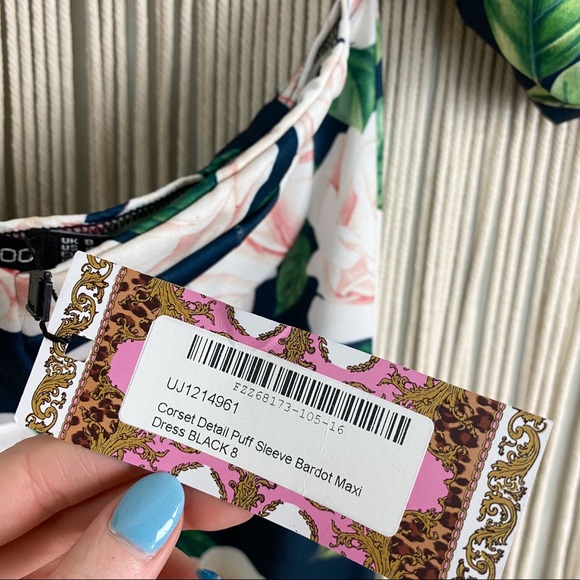 Boohoo NWT Off Shoulder Puff Sleeve Bardot Floral Maxi Dress Size 4 Small - Picture 10 of 13